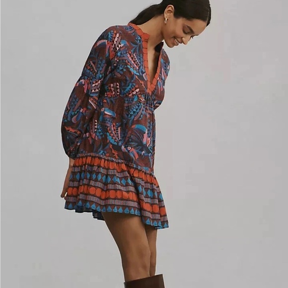 FARM Rio Dresses & Skirts - FARM Rio x Anthropologie Toucan Printed Mini in Red Blue V-Neck Dress XS